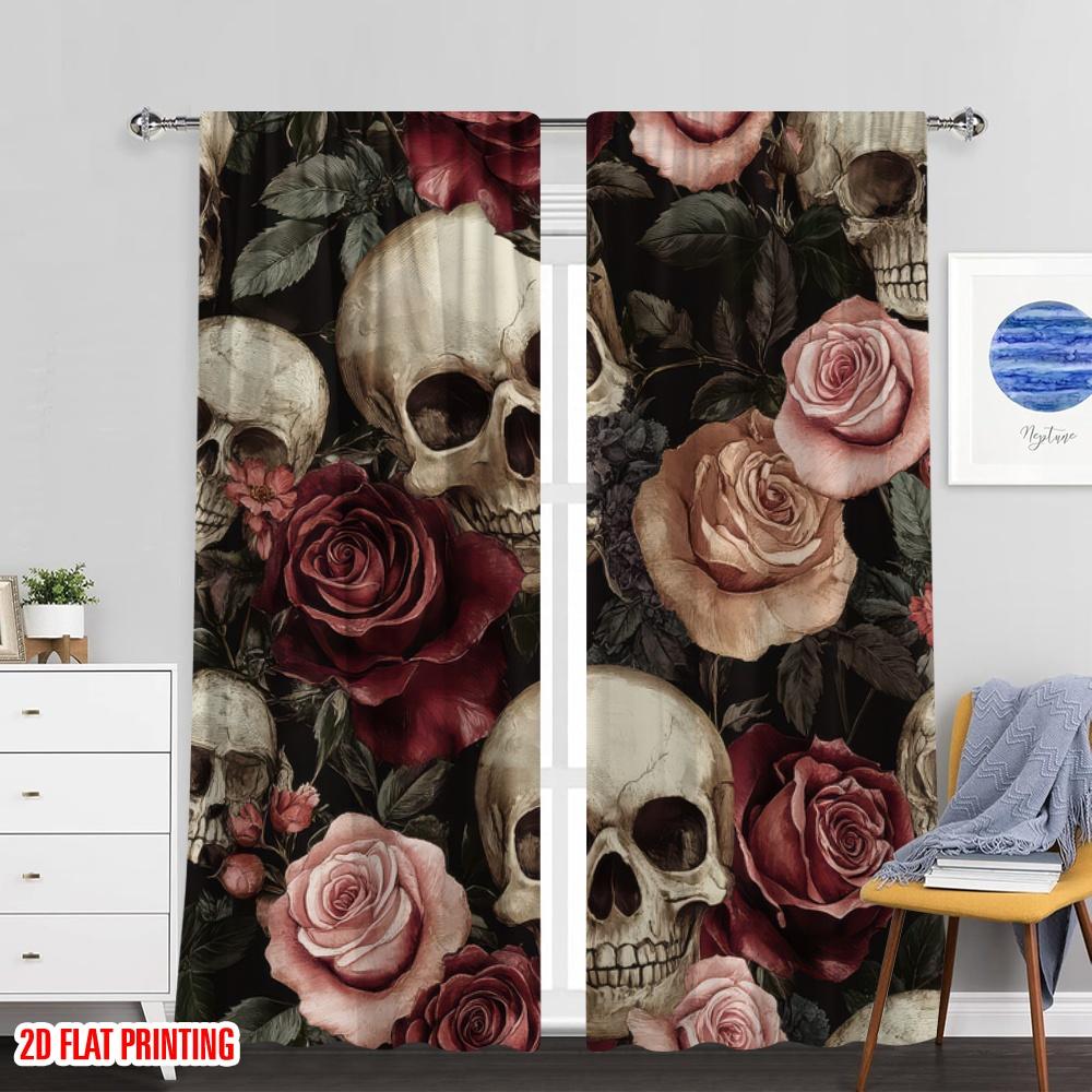 Flat Printing Curtains Gothic Skull Polyester Without Electricity Family Party Suitable Living Room Outdoor Decor Set Of 2 Made