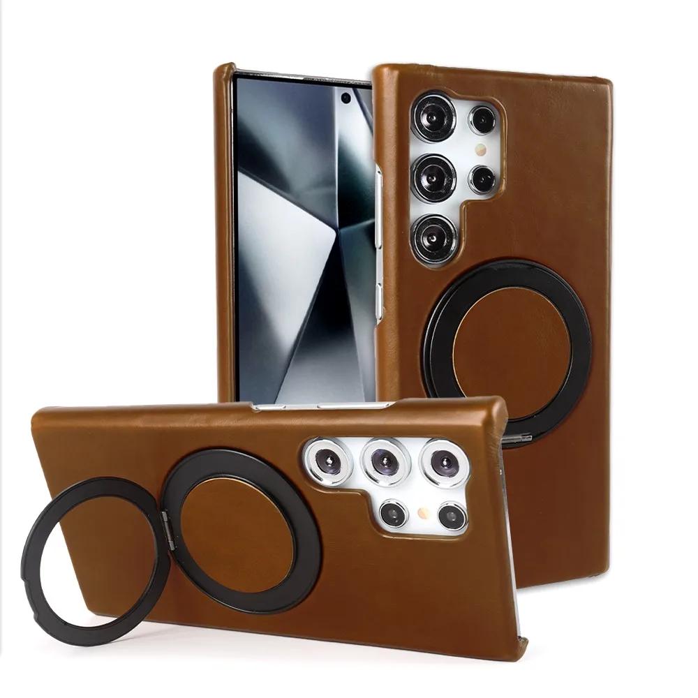 Luxury Genuine Leather Case For Samsung Galaxy S24 Ultra S23 S22 S21FE S20 Note20 S23FE Magnetic Ring Stand Bracket Phone Cases