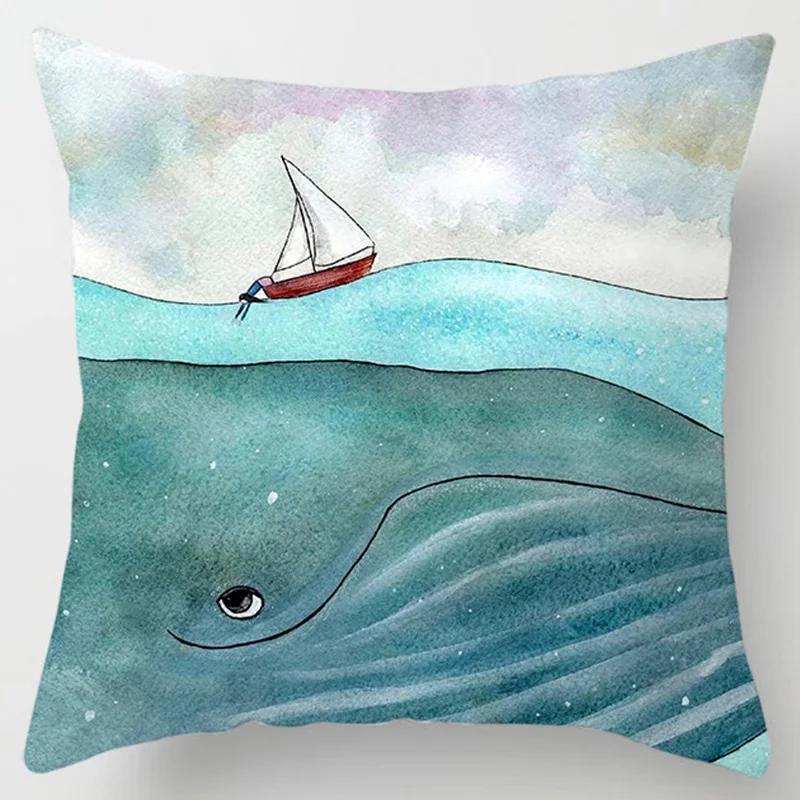 Ocean Whale Oil Painting Series Printed Pattern Cushion Cover Home Living Room Sofa Decoration Square Pillow  Cover45x45cm