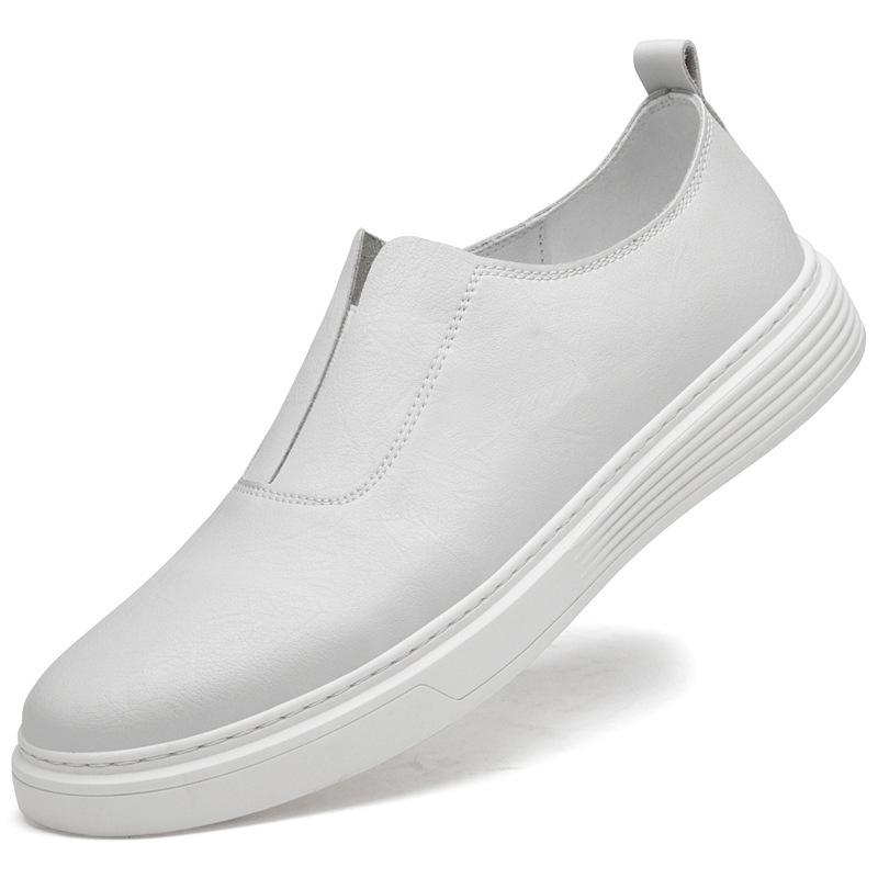 Men's Plus Size White Leather Loafers - Hand-Stitched Slip-On Cowhide Casual Shoes