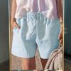 Women Summer Shorts Drawstring Elastic Waist Solid Color Loose Pockets Above Knee Length Soft Breathable Casual Beach Daily Mini Shorts