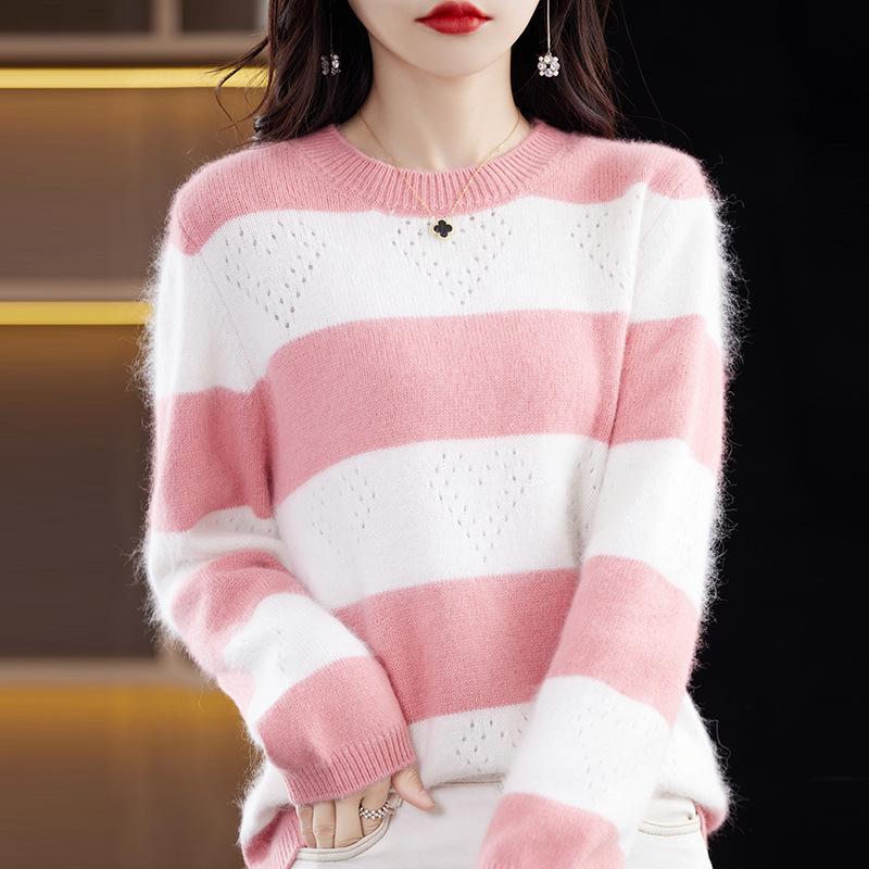 Women's Thickened Mink Velvet Striped Sweater for Autumn/Winter - Round Neck, Long Sleeve Knit Base Layer