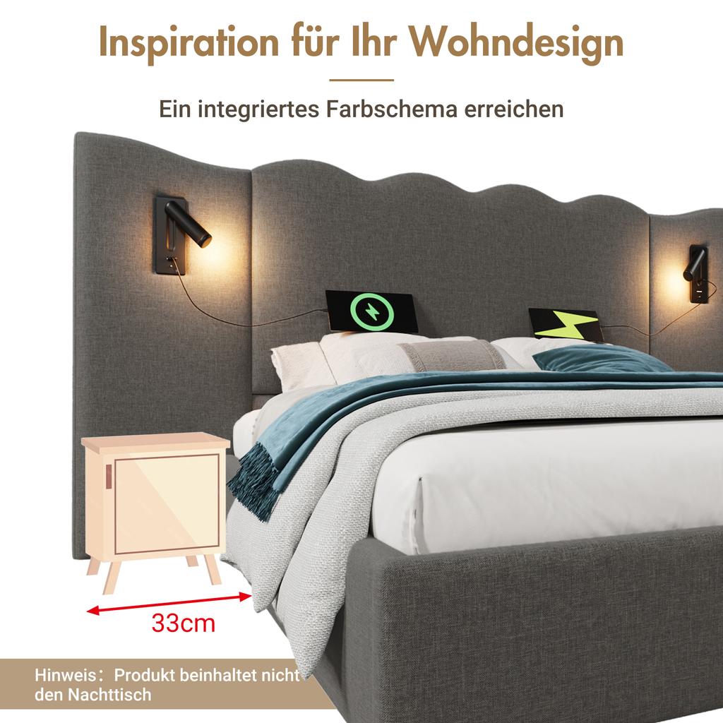 Upholstered Double Bed 180×200, Reading Lamp, USB Type-C Charging, Storage Bed Frame with Solid Wood and Metal Slats, Grey, Linen (Without Mattress)