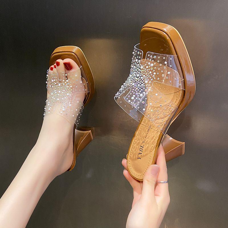 Transparent Thick-soled Cool Slippers Women's 2025 New Fashion Outer Wear Rhinestone Square Heel Internet Celebrity Summer High Heels Temperament