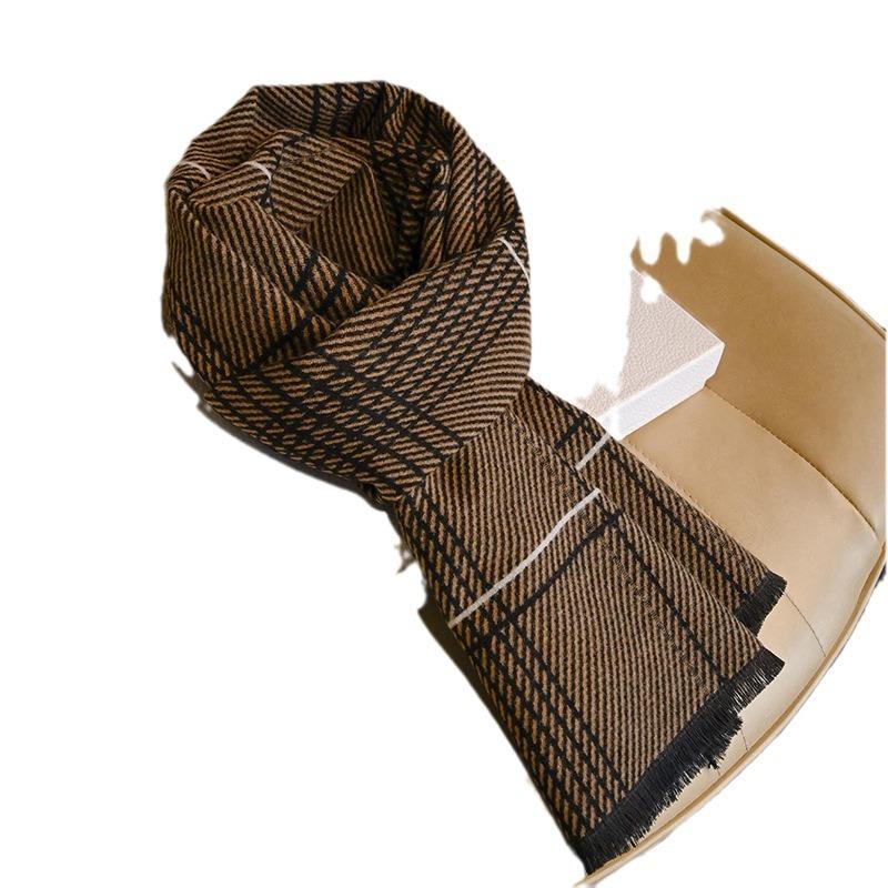 Wool scarf men's winter knitted striped black and white scarf versatile men's neck protection retro trendy boyfriend