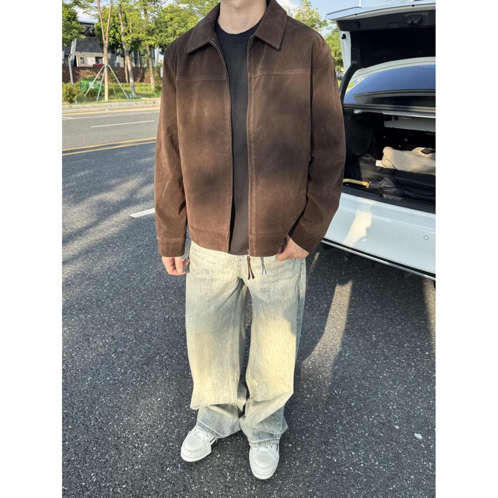 Unisex retro kávová semišová klopová bunda s pocitem jelení kůže - Regular Fit pro podzim/zimu