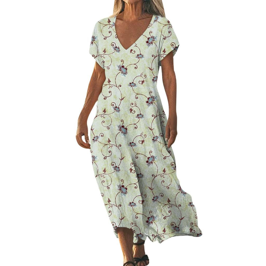 Summer Dress Women's Long Boho Beach Dress Elegant Maxi Dress V-Neck Short Sleeve Summer Tunic Dress Light Airy