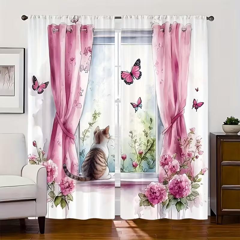 2Pcs Cat on the windowsill print curtains,suitable for bedroom,living room kitchen decoration,home decoration,window decoration