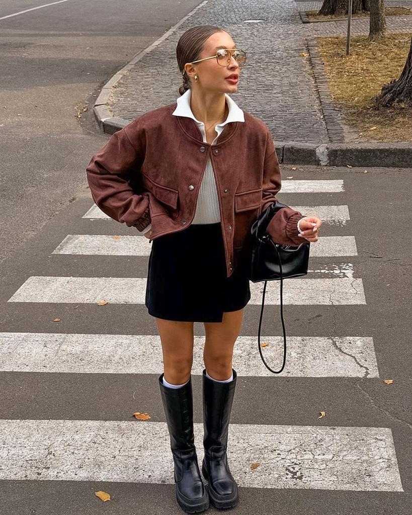 2025 Women's High-End Retro Bomber Jacket - Long Sleeve, Stand-Up Collar, American Street Style, Spring/Autumn Outerwear