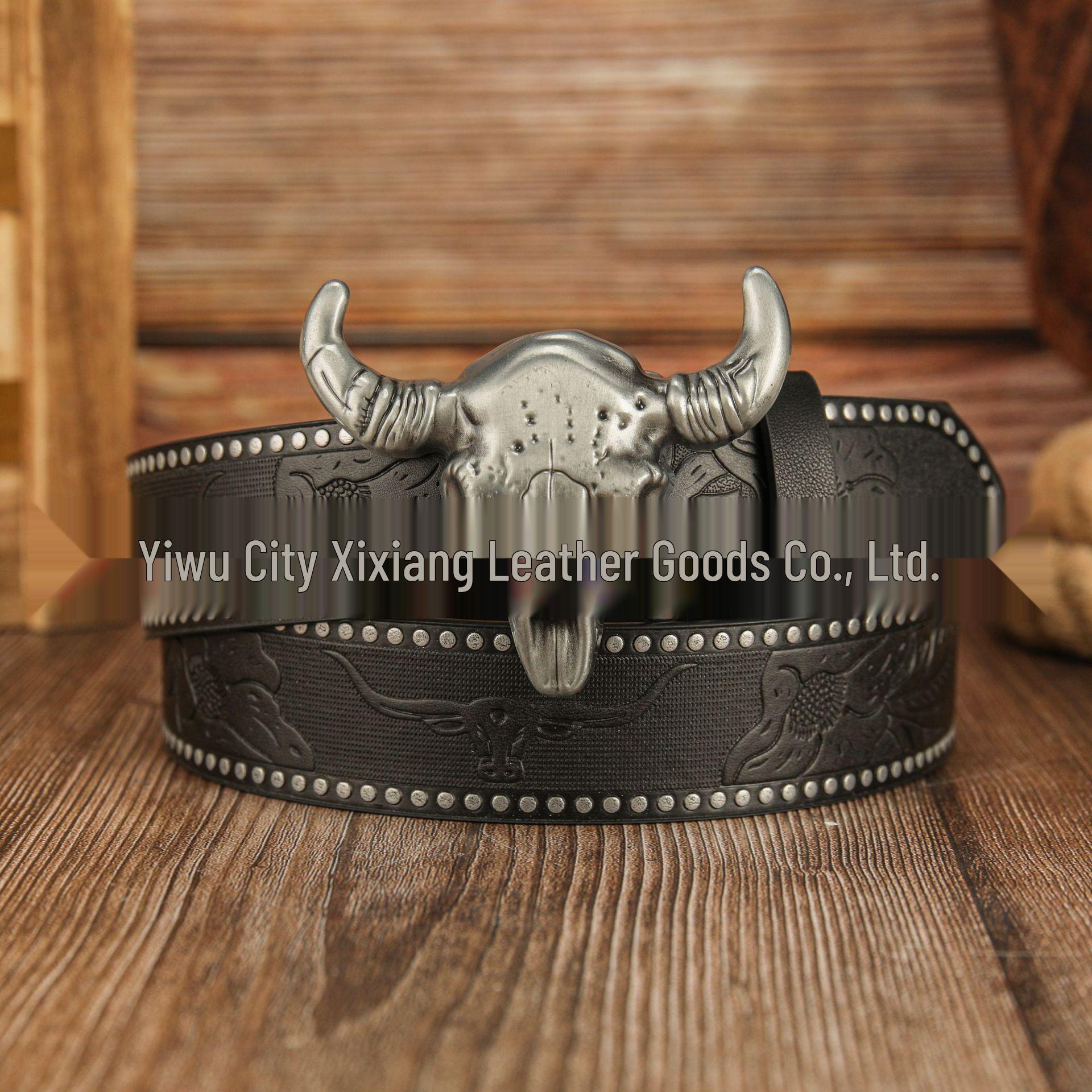 Western Cowboy Bullet Hole PU Leather Unisex Belt with Big Bull Horn Buckle 120cm чёрный