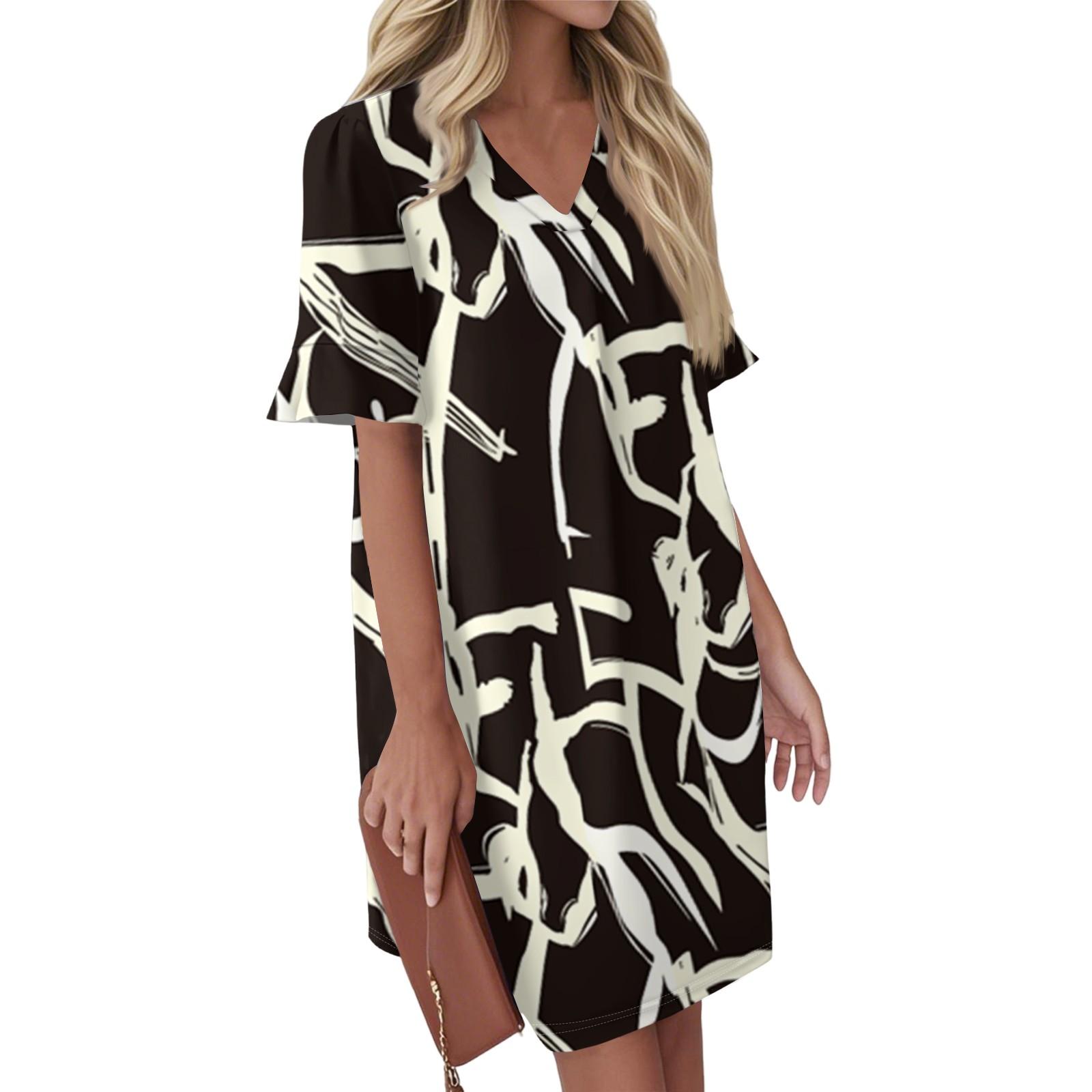 Women s Summer Vintage Color Block Patchwork Print Dress Pleated Short Sleeve V Tie Pocket Casual Dress L