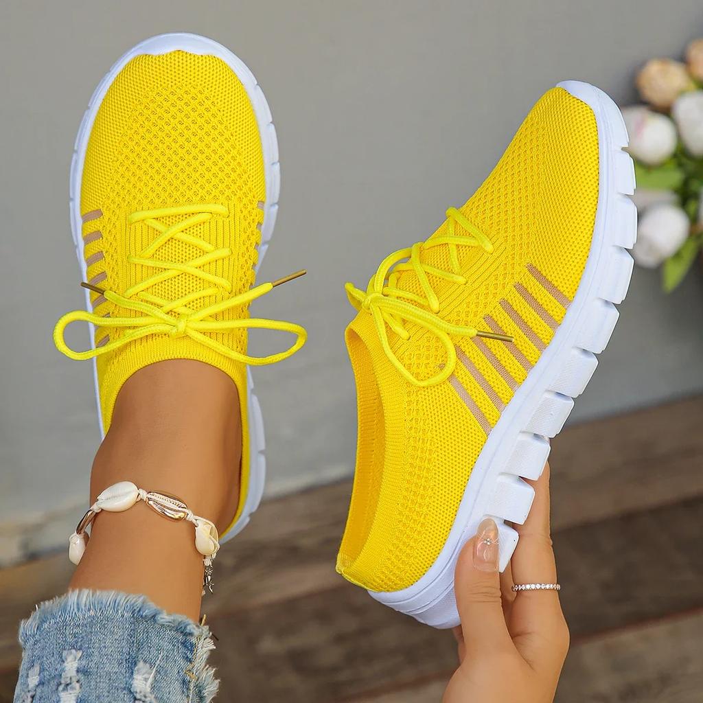 Summer Breathable Mesh Slippers for Women 2025 Lightweight Slip On Walking Shoes Woman Yellow Flat Bottom Non Slip Half Slippers