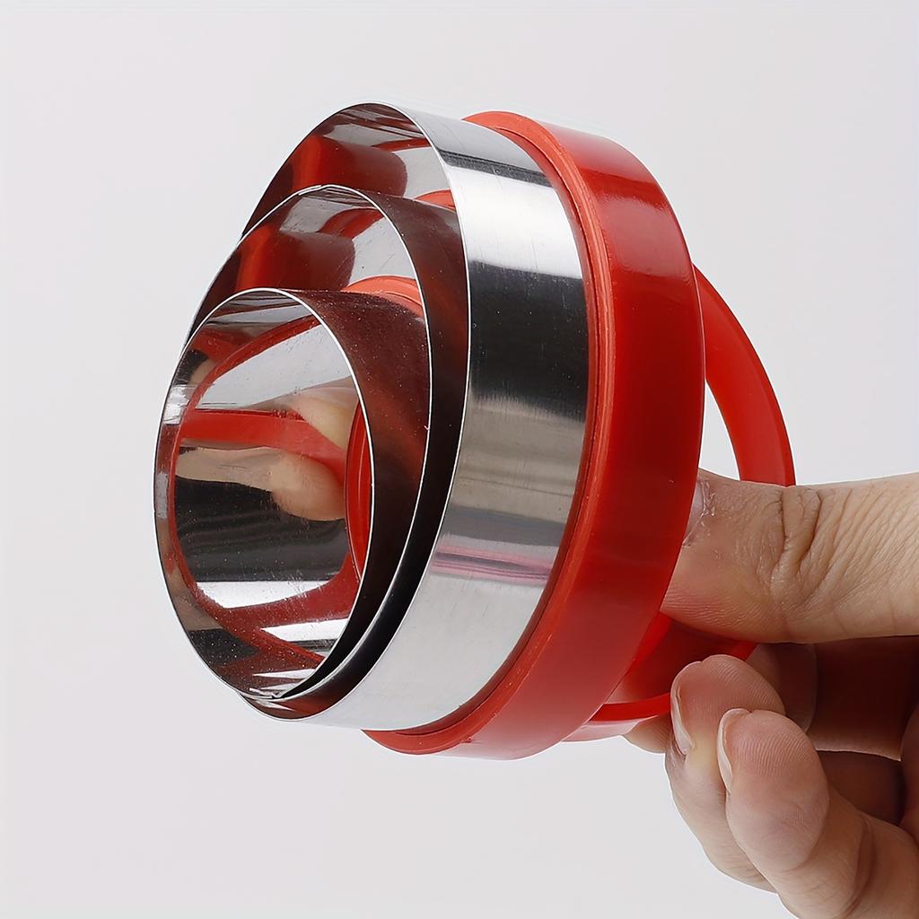 Red Round Cookie Cutter Set Of 3 With Handle Stainless Steel Molds Baking Dough Cake DIY Tools