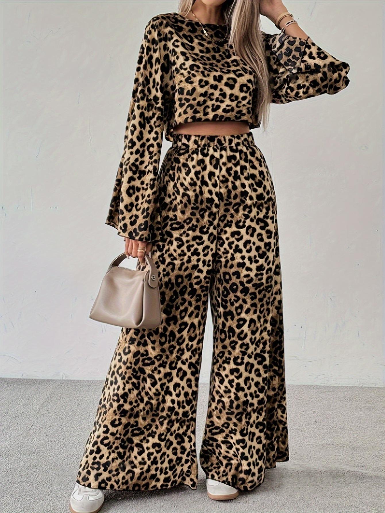 Fashionable Leopard Print Loose Long-sleeved Trousers Two-piece Women s Suit S