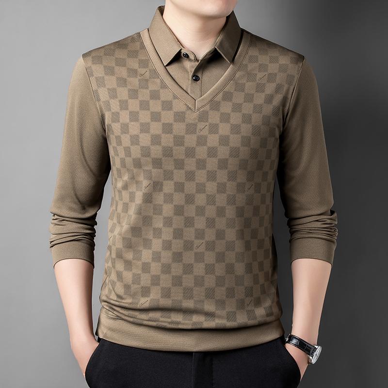 

Мужская весенне-осенняя принтованная контрастная цветная футболка с геометрическим узором, отложной воротник, длинный рукав, имитация двух частей, модные топы XXXL верблюд