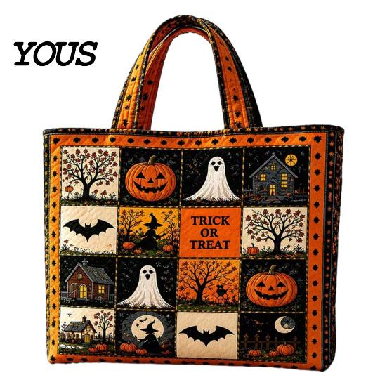 Katzenmotiv Wiederverwendbare Einkaufstasche Halloween Gesteppte Tragetasche, Kürbis Geist Aufdruck Schulter Leichte Pendler Tasche Polyester Handtasche für Freizeit