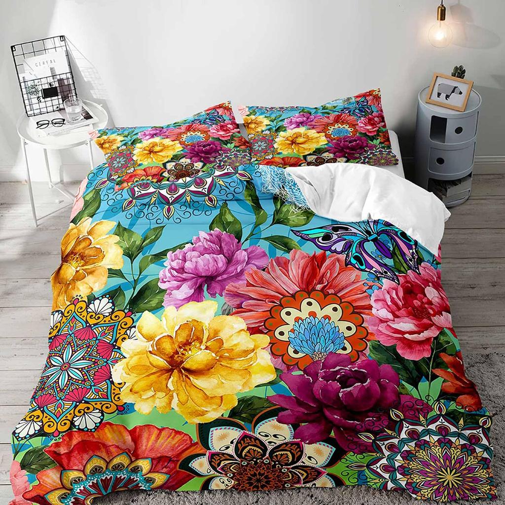 Boho Floral Soft Duvet Cover Set Young Girls Women Rom Quen Beding Set Vintage Buterfly Botanical Blosom Flower Warm Comforter Comfortable Quilt Cover