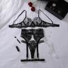 4-Piece Black Lingerie Set Sheer Floral Embroidered Lace Underwire Bra & Panty with Garter Belt and Leg Garters Sexy Underwear