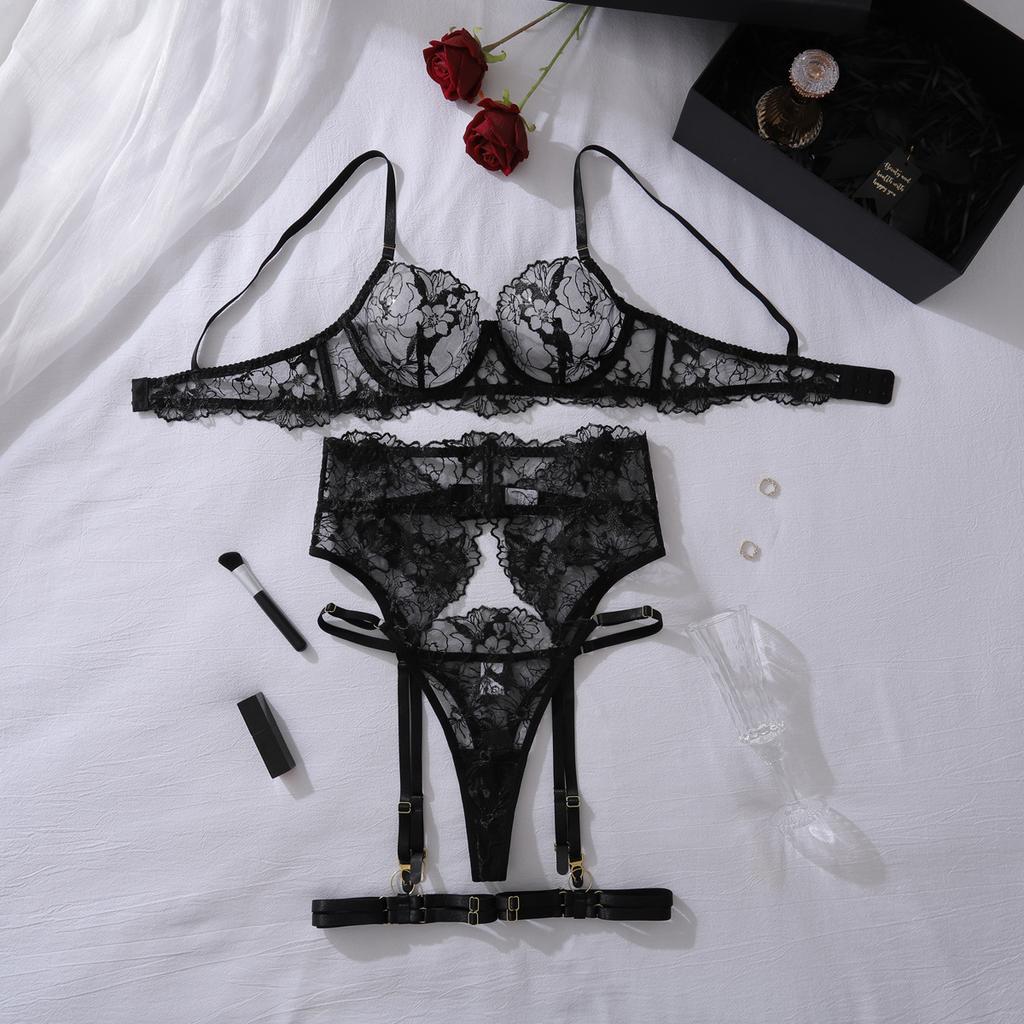 4-Piece Black Lingerie Set Sheer Floral Embroidered Lace Underwire Bra & Panty with Garter Belt and Leg Garters Sexy Underwear