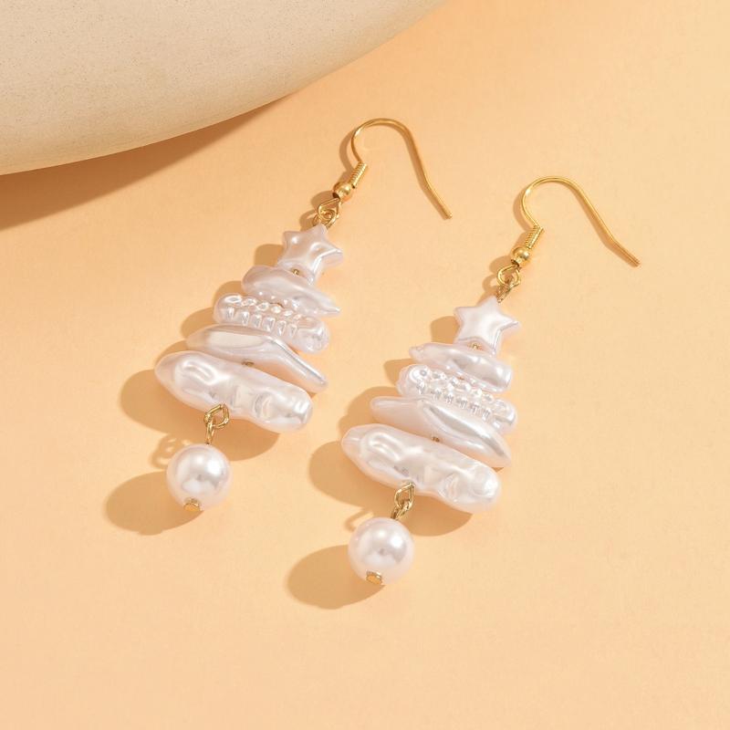 Christmas Baroque Irregular Imitation Pearl Stacked Star Tree Drop Earrings Xmas Tree Earring For Women Holiday Jewelry Gift