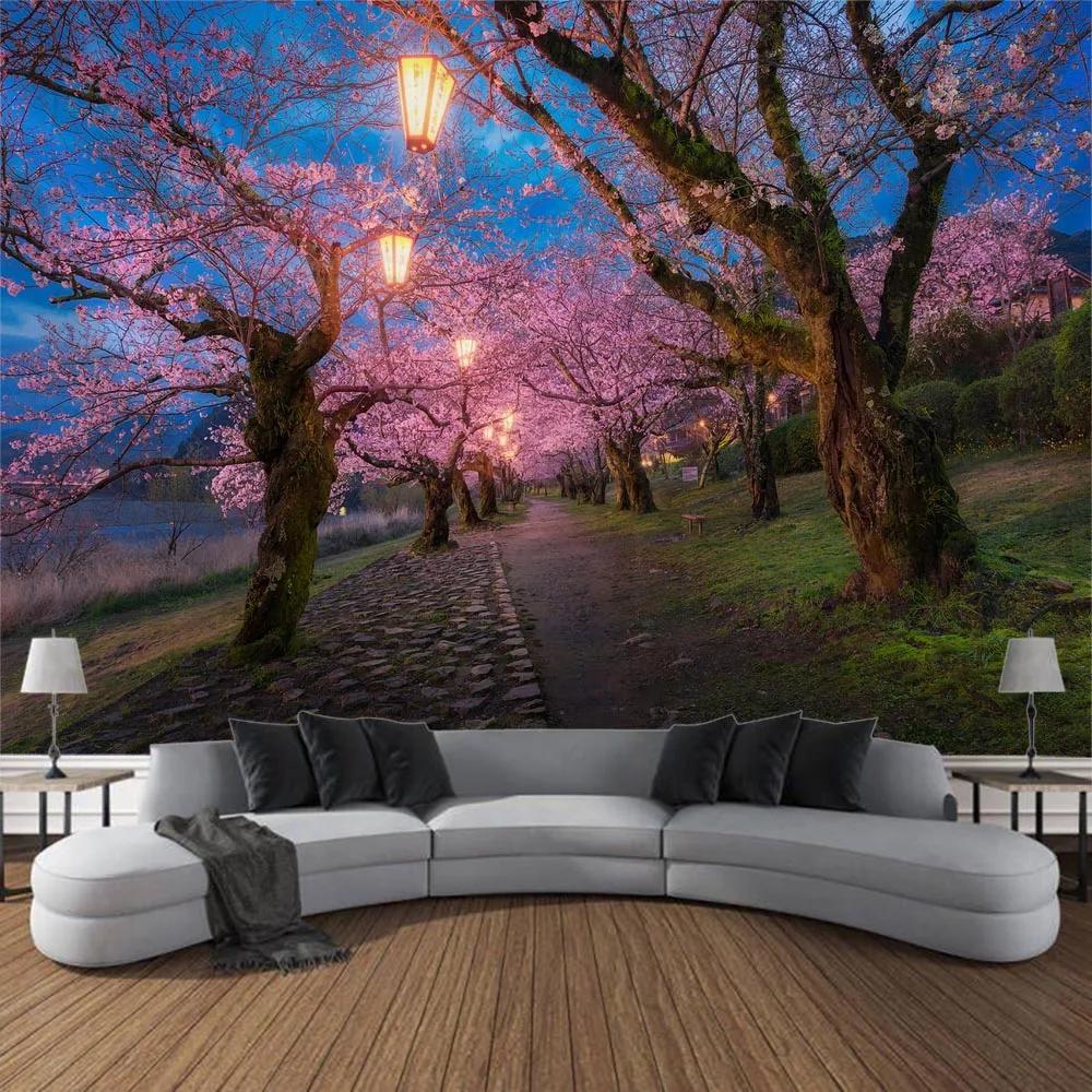 Cherry Blossom Landscape Printing Tapestry Home Wall Hanging Living Room Large Fabric    Decoration