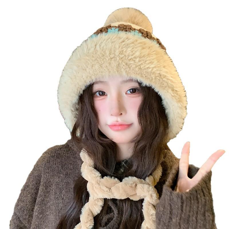 Jacquard Fur Ball Plus Velvet Knitted Hat for Women Winter Cold Protection and Ear Protection Woolen Hat Cycling Lei Feng Hat