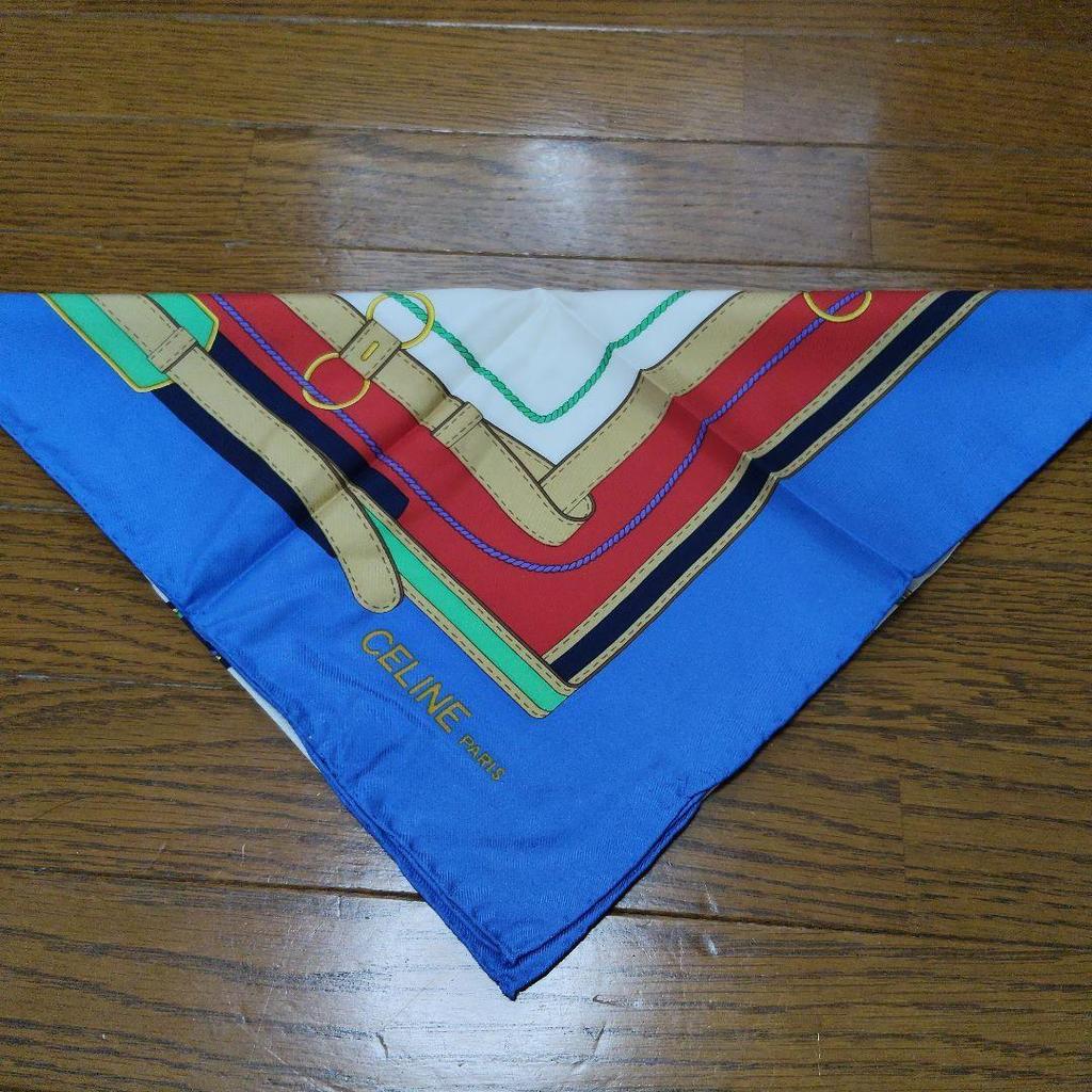 Used CELINE Scarf Bandana Belt Pattern Large Scarf Blue Red White