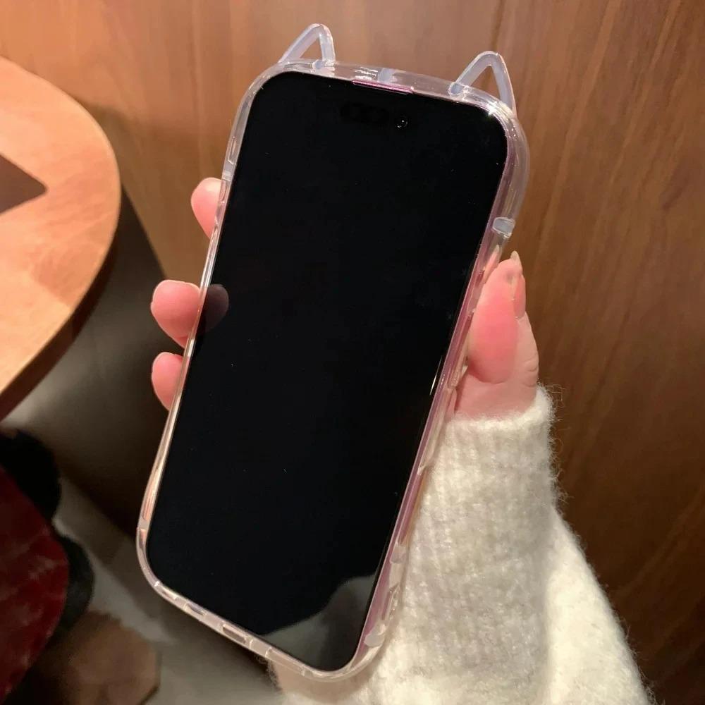 Lyxigt 3D kattöron sött genomskinligt skal till iPhone 14 15 16 Pro Max Plus 11 12 13 X Xr Xs 7 8 SE 2 genomskinligt stötsäkert mjukt skal