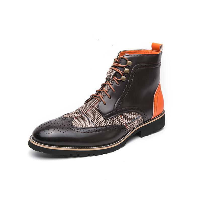 British Men's Mid-High Leather Brogue Boots: Fashionable Retro Business-Casual, Pointed Toe, Height-Increasing.