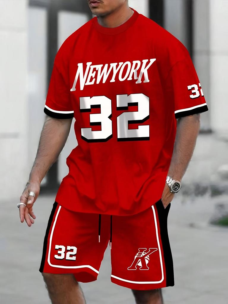 Men's Red 3D NY 32 Print Tee & Drawstring Shorts Set | Casual & Outdoor Sports