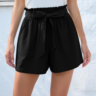 Damen Einfarbig Rüschen Schleife Taillenband Sommer Shorts mit Taschen