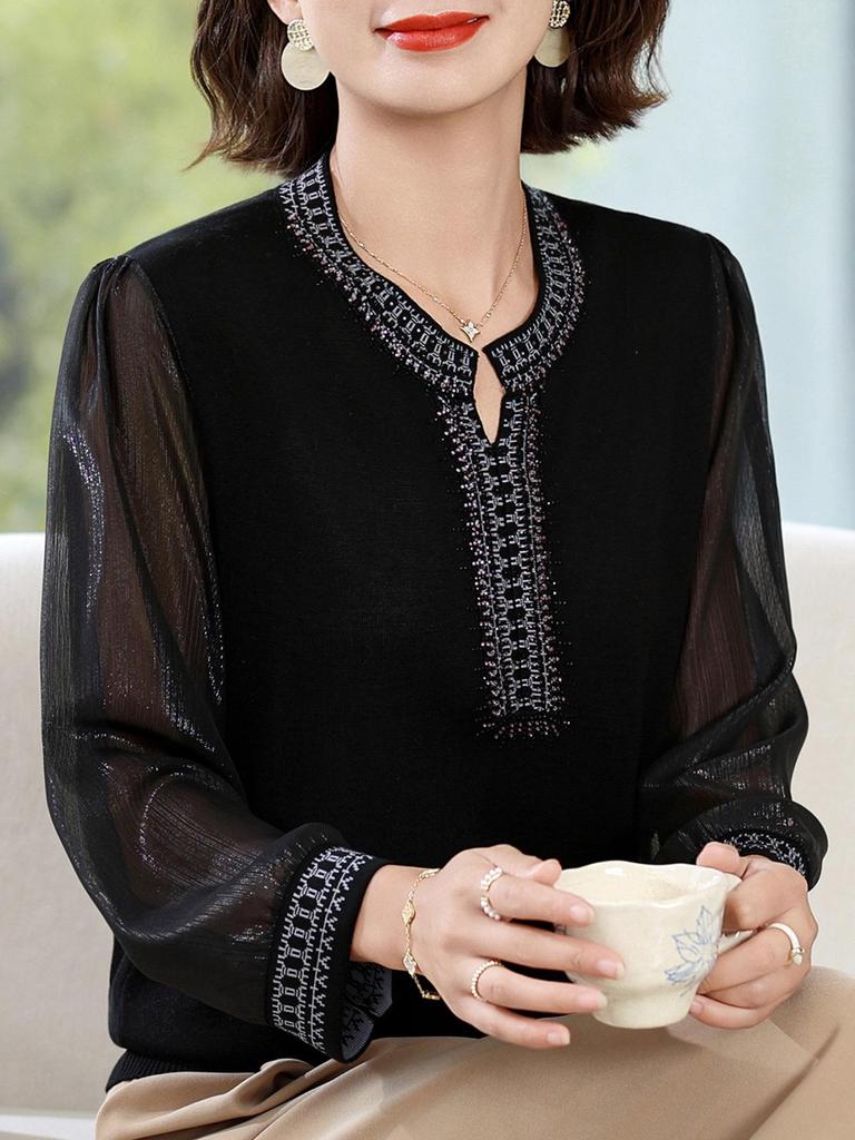 Schickes Herbst-Rundhals-Langarm-T-Shirt für Frauen mittleren Alters & ältere Frauen - Stilvolles Strickoberteil mit Gaze-Ärmeln