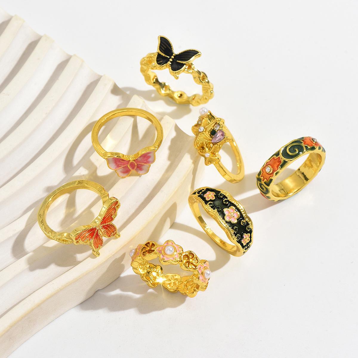 

Retro Color Famous Style Butterfly Flower Ring Personality Drip Oil Design Ring Jewelry