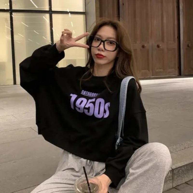 Ladies Loose Letter Printed Short Hoodie Autumn O-neck Long Sleeve Casual Sweatshirt