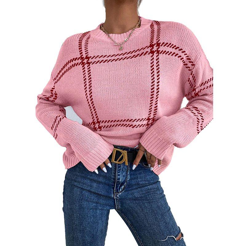 European and American Leisure All-Match O-neck pullover Top Women 2025 Winter New Plaid Patchwork Drop Shoulder Sweater Women