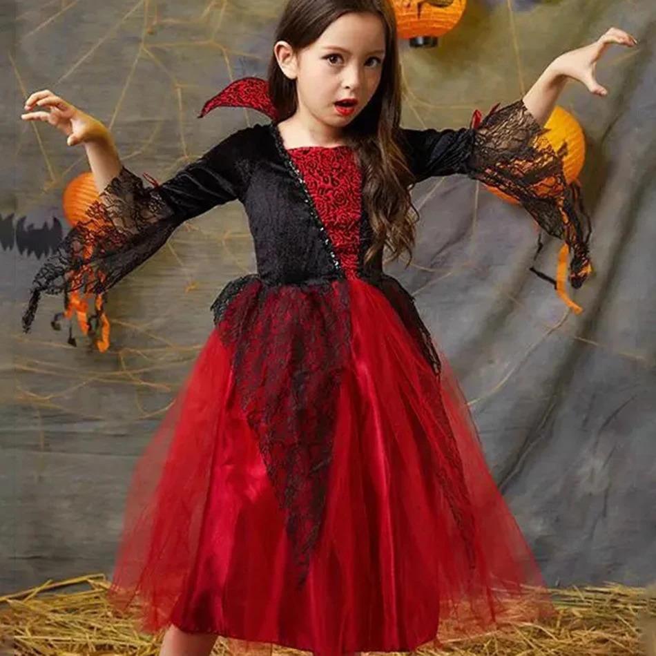

Girls Cosplay Vampire Halloween Dress For Kids Ghost Bride Gothic Costume Count Vampiran Carnival Outfit Black Red Clothes 100 красный