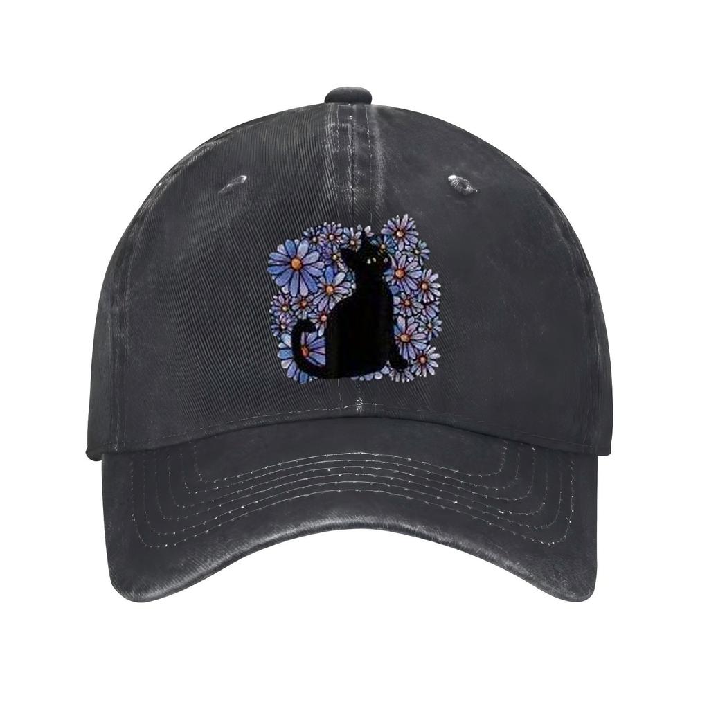 Black Cat Surrounded by Blue Floral Print Baseball Cap Casual Adjustable Polyester Summer Sun Hat Unisex