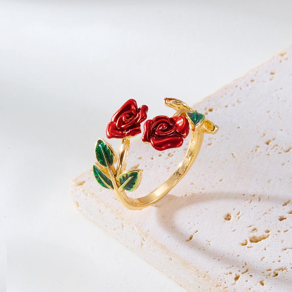 Neues Retro Drip Oil Rosenblüten Armband Ring Set für Damen Vintage Einfach Goldfarbe Offener Armreif Party Hochzeit Schmuck Geschenk