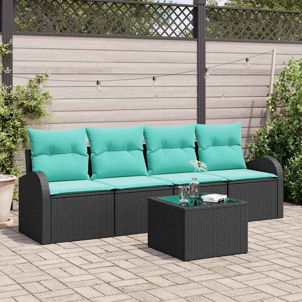Garden Sofa Set with Cushions 5 pcs Black and Turquoise Poly Rattan