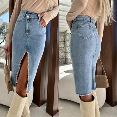 New Split Fashion Casual Solid Denim Hip Wrap Dress