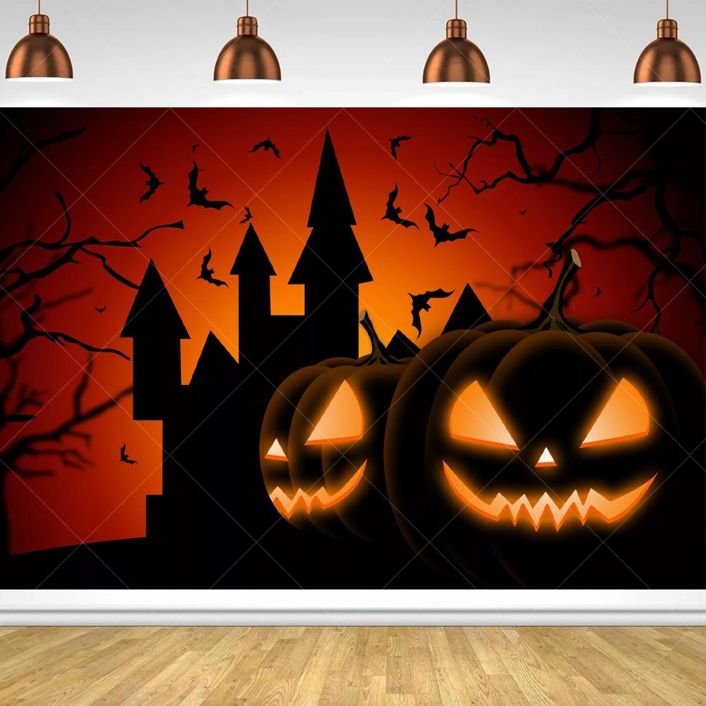 Halloween Horror Night Party Family Gathering Pumpkin Lantern Evil Witch Black Castle Cemetery Forest Background Cloth backdrop