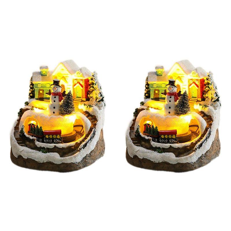 Premium-2X Village Houses Sets Rotating Train Display Figurines LED Light Up Musical Christmas Holiday Decoration Snowman