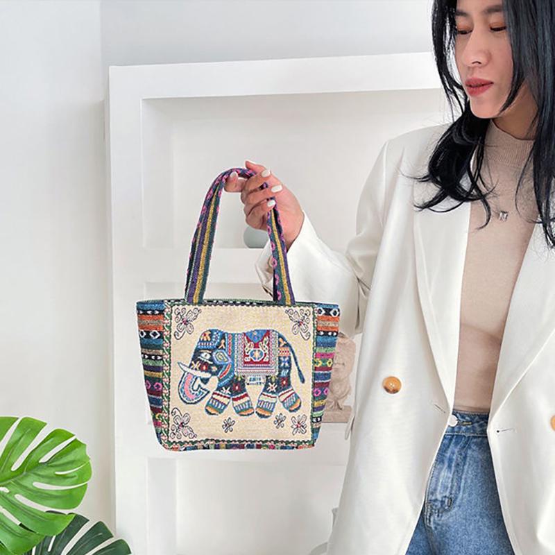 Ethnic Style Handbag Trendy Animal Embroidery Handbag Canvas Women Shoulder Bags Women Grocery Storage Pouch