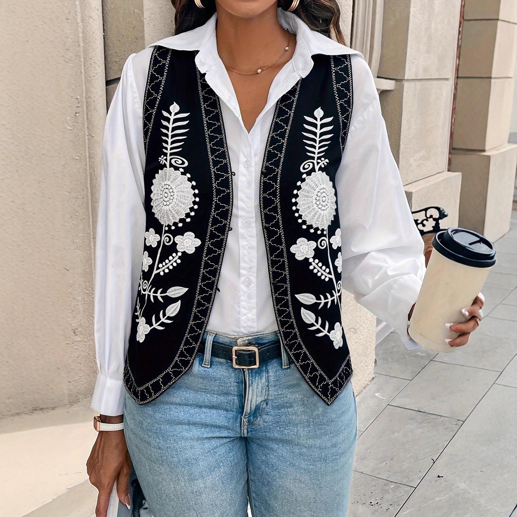 European and American women s clothing summer fashion retro embroidered cardigan popular vest european and american size s чёрный