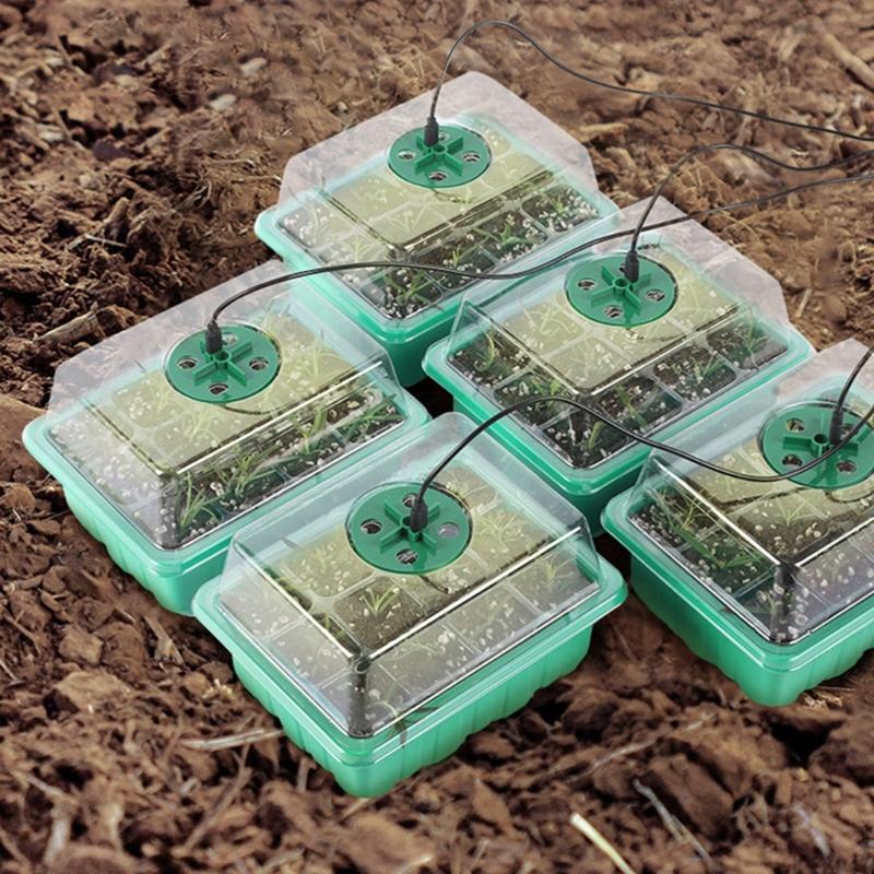 Plastic Seedling Starter Kits with LED Grow Light Plant Nursery Tray with Drainage Holes Vegetable Germination Box