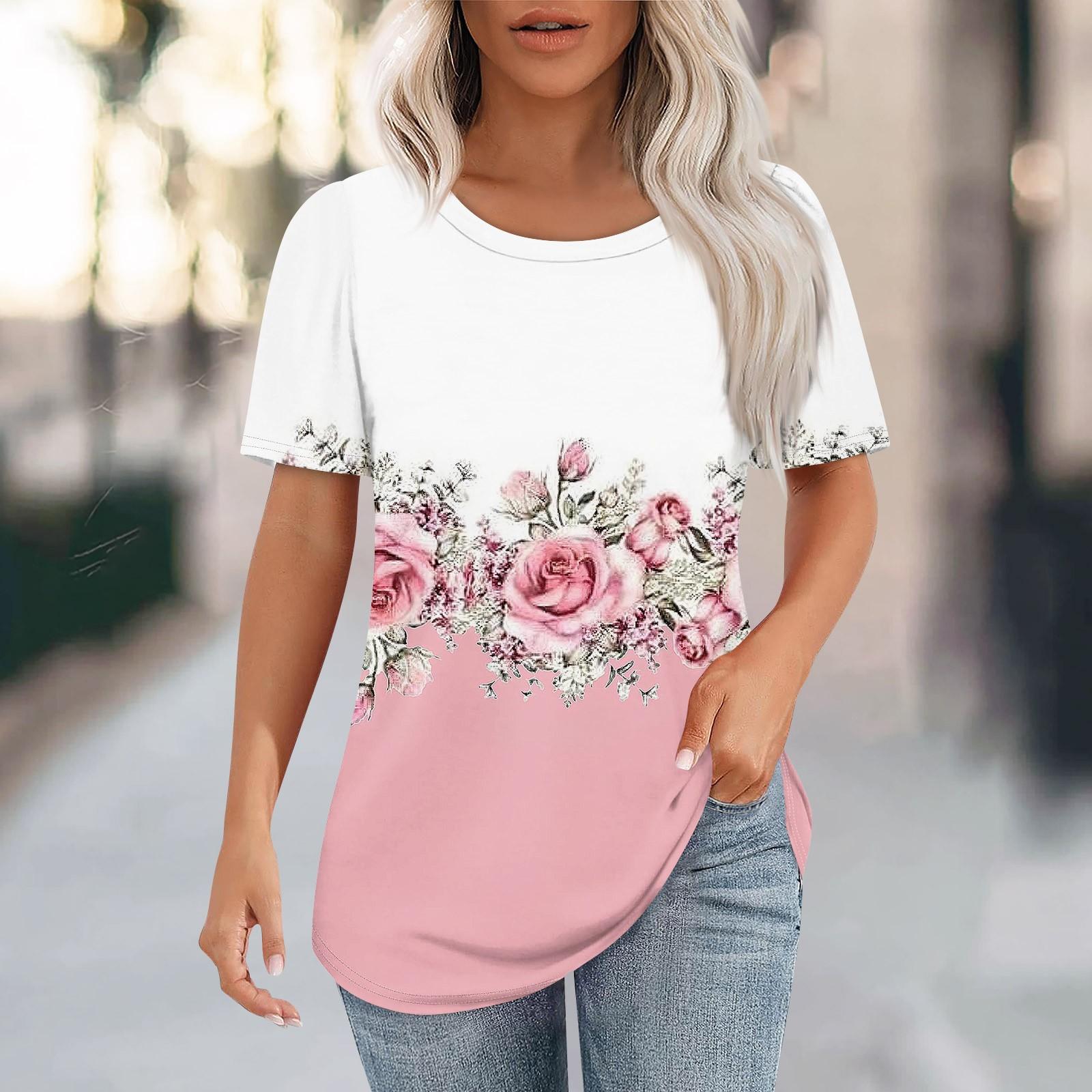 

Женская модная повседневная футболка с цветочным принтом и круглым вырезом с коротким рукавом XXL