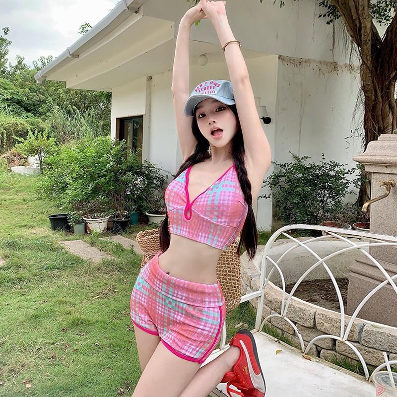 

Hanins Hides Meat Looks Slimming Conservative Split Three-piece Boxer Pants Long-sleeved Sun-proof Pure Desire Style Plaid Swimsuit M
