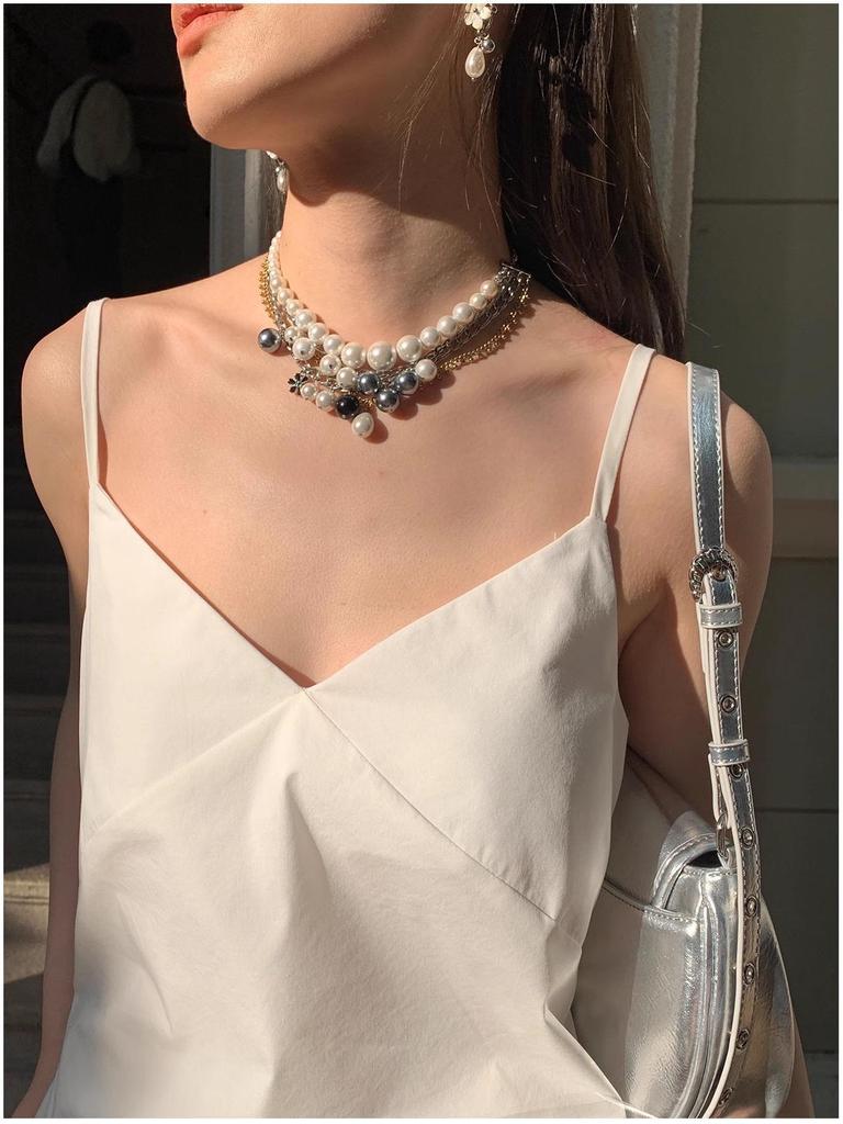 Lux Pearl Necklace Set: Original Shell Pearls, Multi-Layer Black & White Choker for Women
