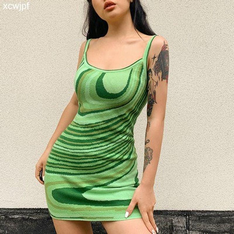 Stylish Fashion Sexy Beach Summer Fashionable New Women's Clothing Sexy Asymmetrical Water Ripple Print Sling Bodycon Dress