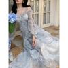 French super fairy smudged mist square collar floral dress women's gentle wind temperament butterfly lotus leaf edge skirt European and American